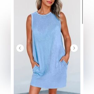 Sleeveless Tank Top Dress Light Blue Crewneck Pockets Swing M